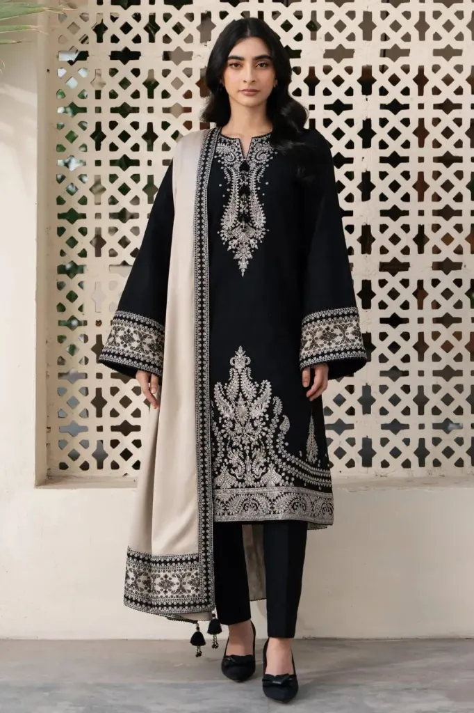 3 Pcs Women's Unstitched Embroidered Suit (Black)